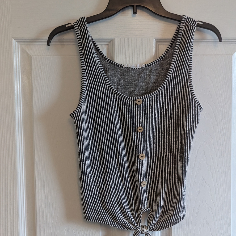 Caution To The Wind Gray and White Ribbed Tie Front Tank Top